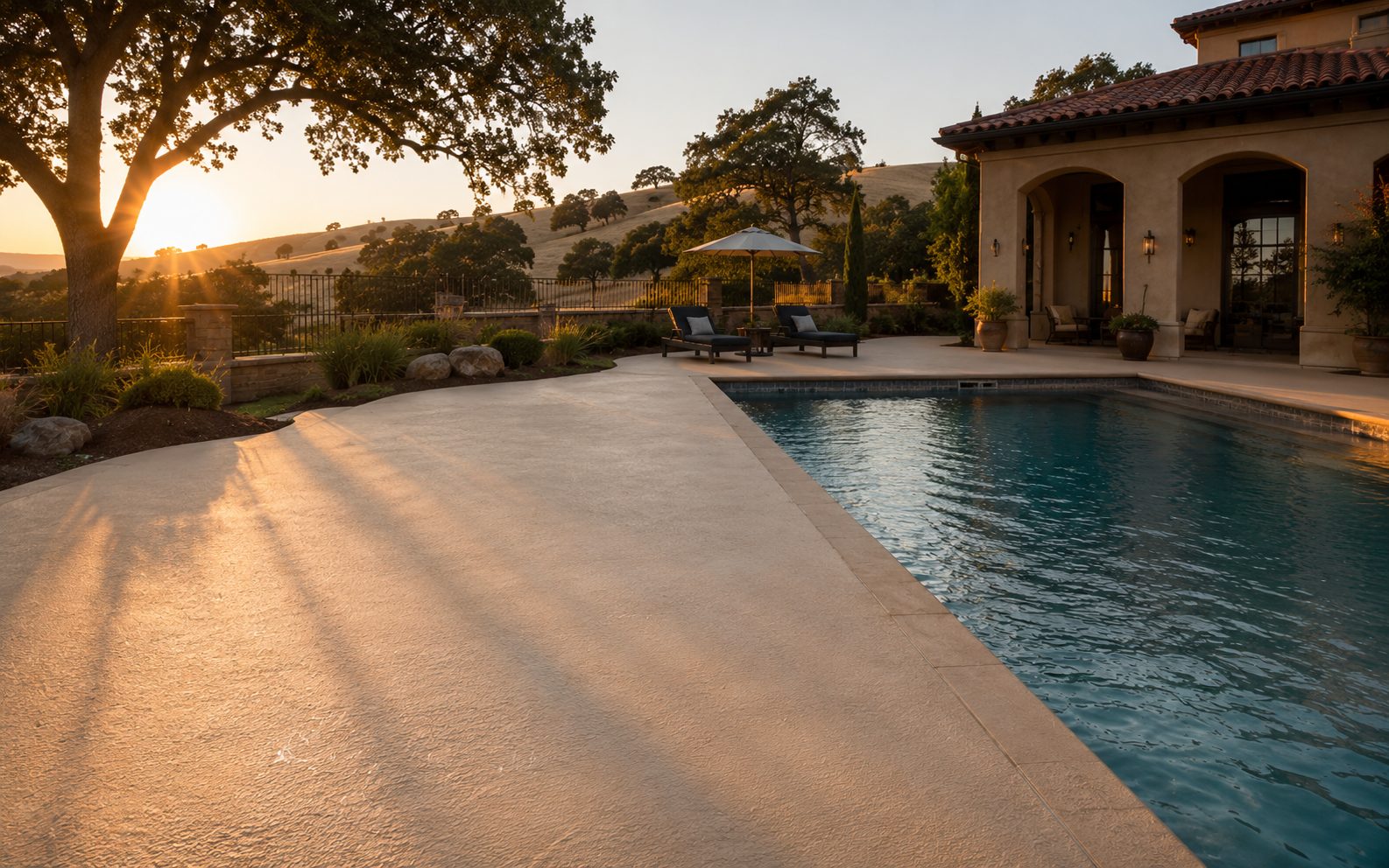 Resurfaced pool cool-deck after restoration