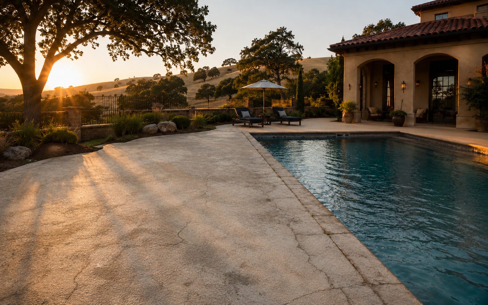 Faded, cracked pool deck before restoration