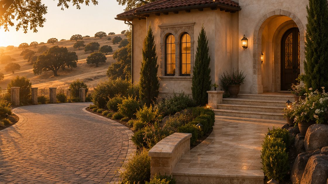 Luxury foothills home with restored stone at golden hour