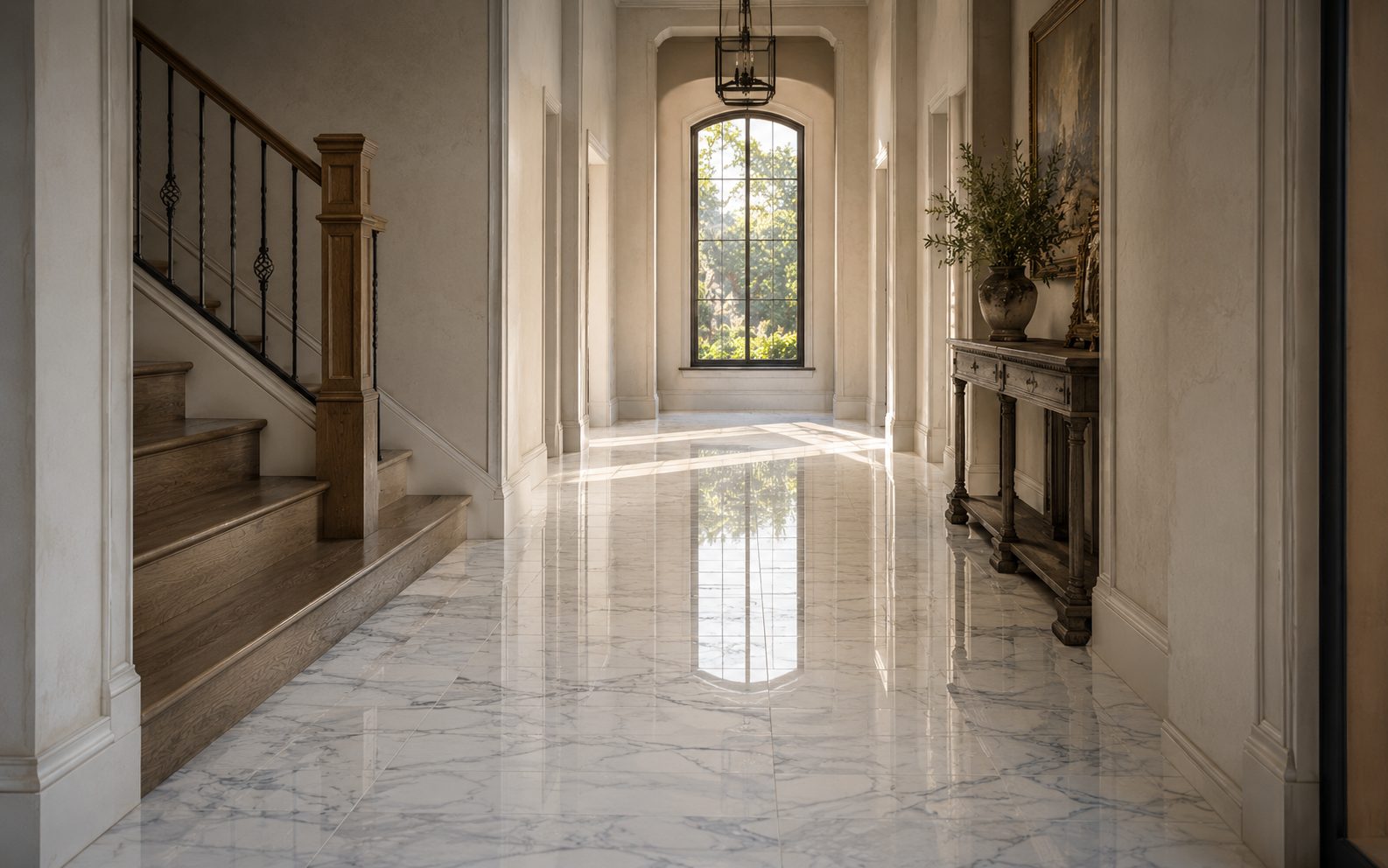 Mirror-polished marble floor after restoration