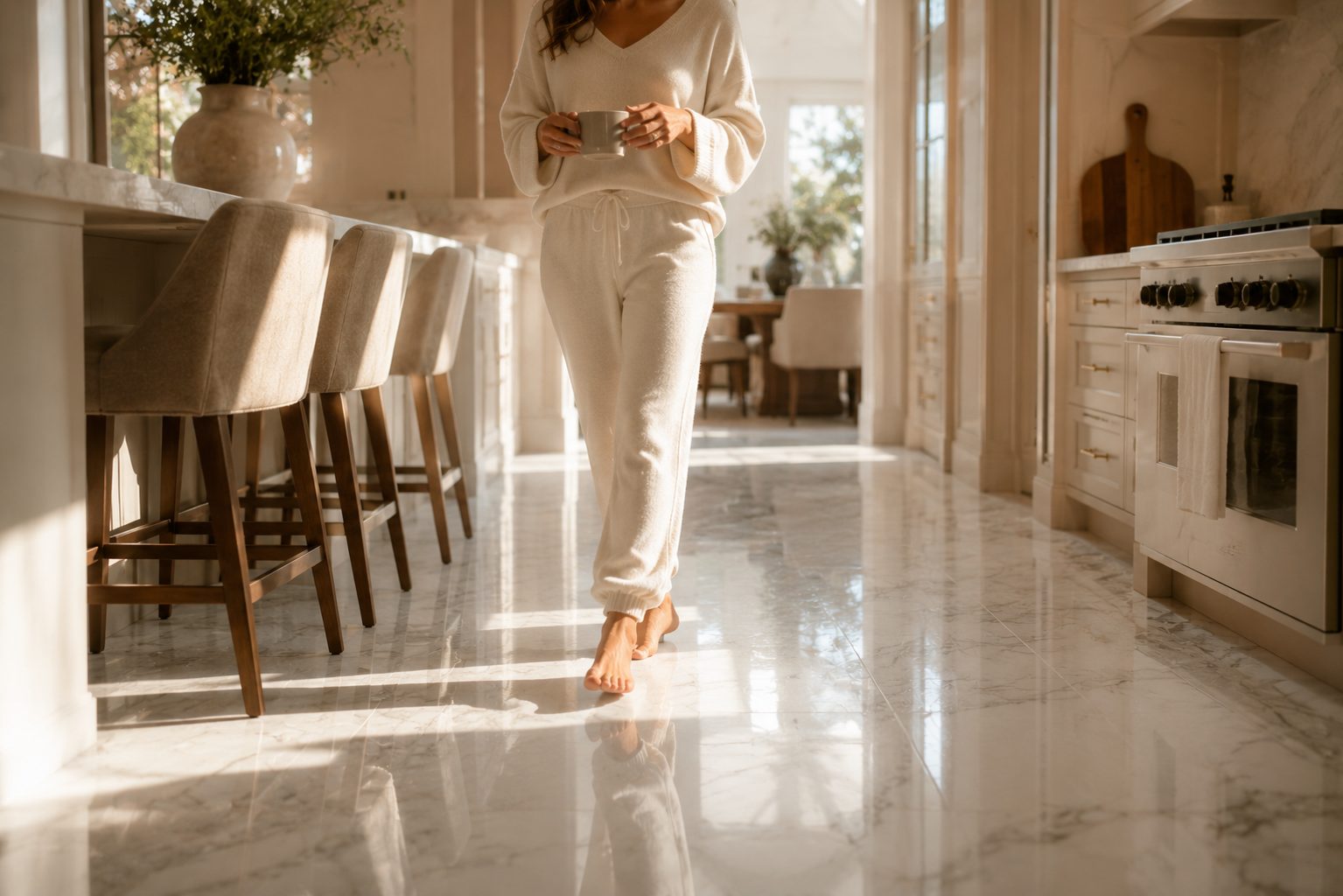 Sunlit, freshly restored marble floor in a luxury home