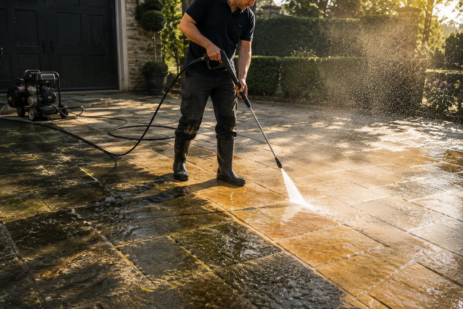 Pressure washing a stone paver driveway