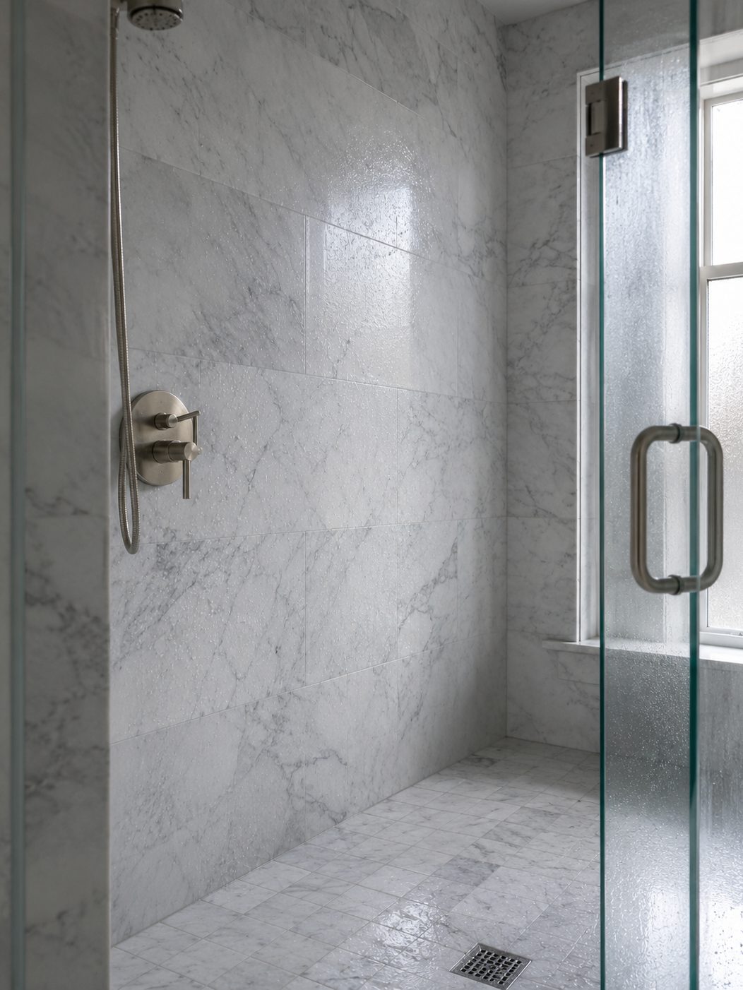 Restored honed marble shower