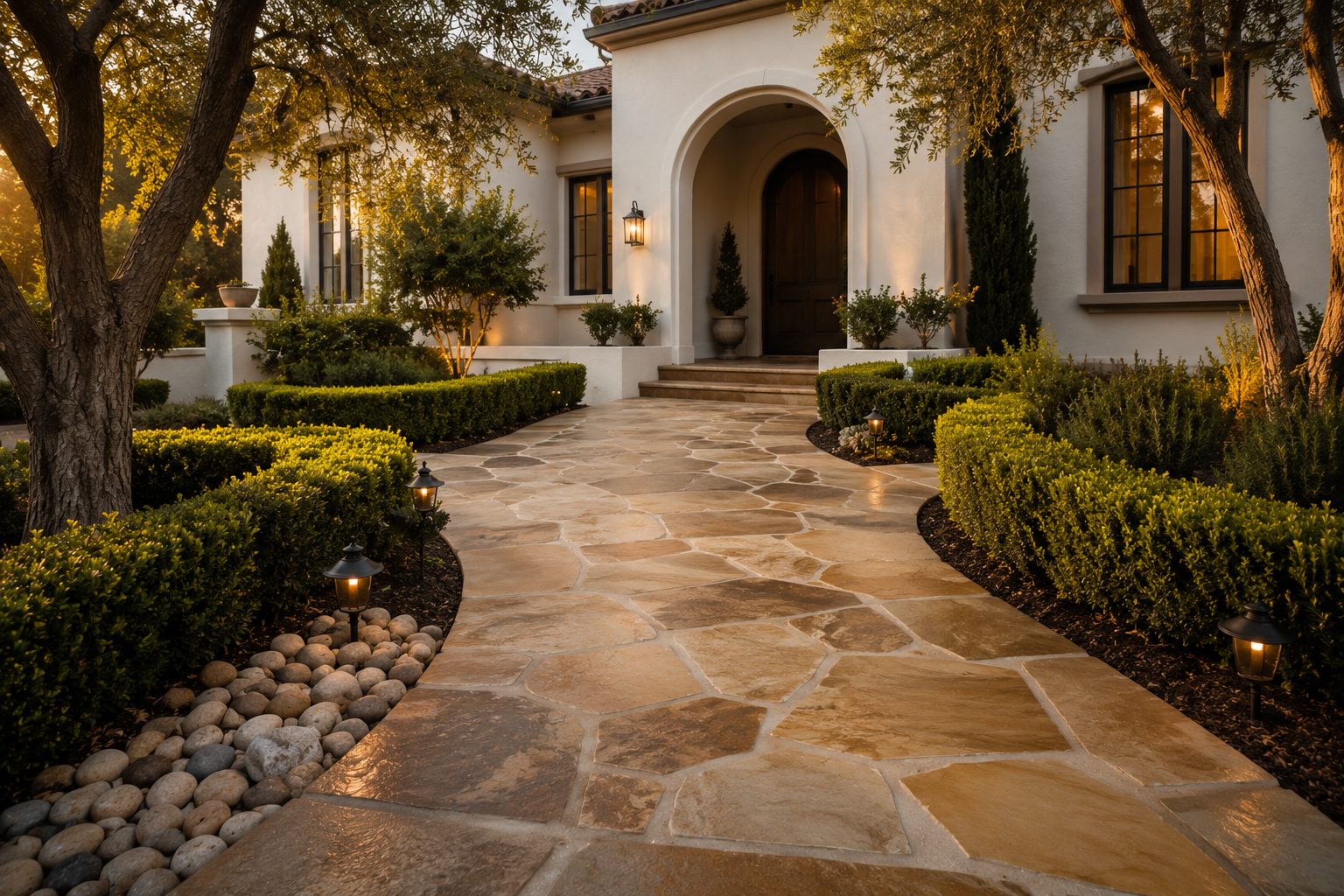 Restored natural stone entry at dusk