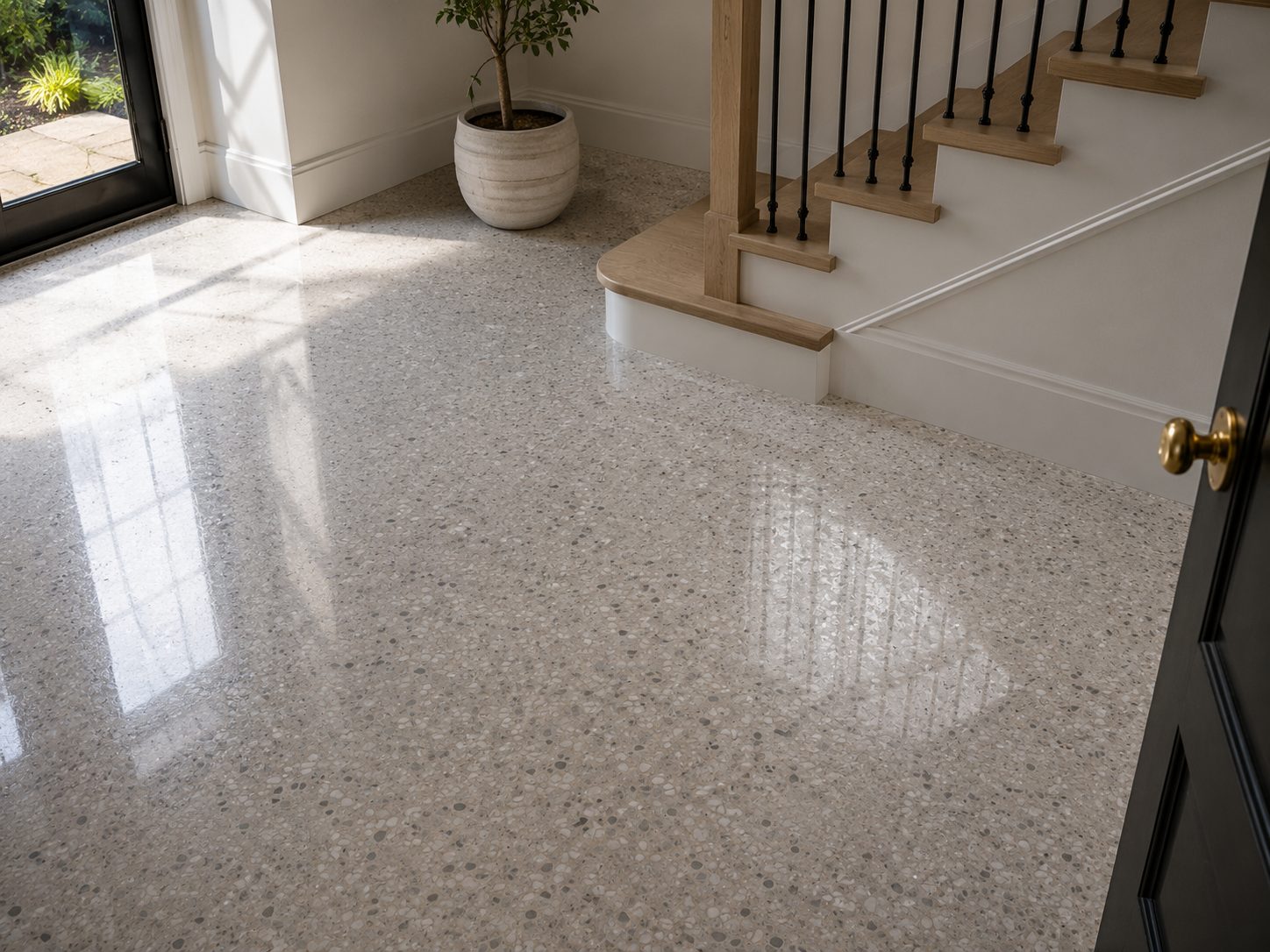 Polished terrazzo floor in a sunlit entryway